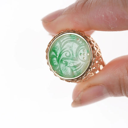 sz9.5 vintage 14k carved Jadeite ring - Estate Fresh Austin