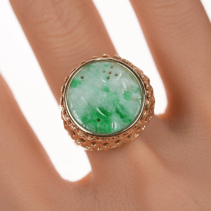 sz9.5 vintage 14k carved Jadeite ring - Estate Fresh Austin