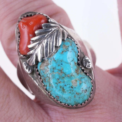 sz9.75 Chunky Vintage Navajo Sterling/turquoise/coral ring - Estate Fresh Austin