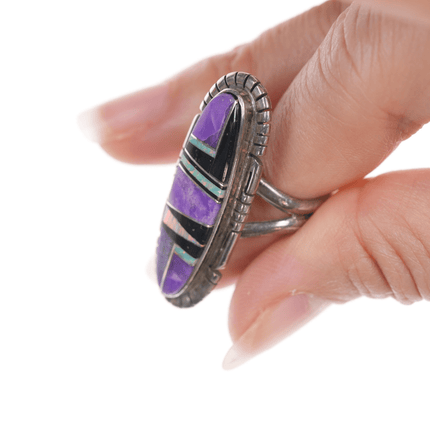 sz9.75 Sterling Sugilite, Opal, and Black Jade Navajo channel inlay ring - Estate Fresh Austin