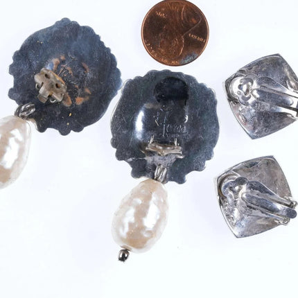 T Foree Hunsicker (1932-2015) Sterling Silver Luggage tag Clip on Earrings with - Estate Fresh Austin