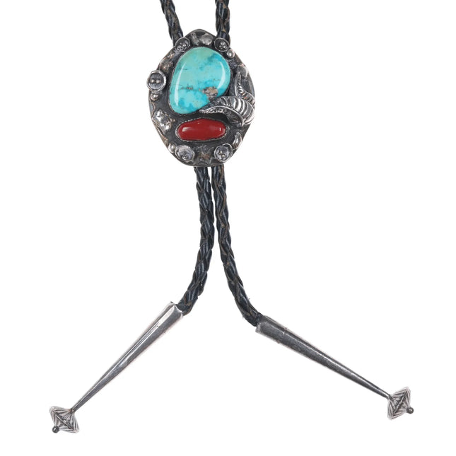 TH Vintage high grade turquoise, coral silver bolo tie - Estate Fresh Austin