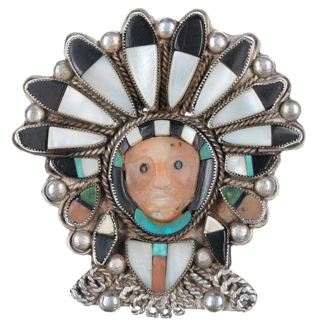 The best 40's - 50's Zuni "Indian Chief" Silver channel inlay pendant/pin - Estate Fresh Austin