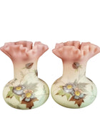 Thomas Webb Burmese Vases Enameled Pair C.1890 Ruffled rims - Estate Fresh Austin