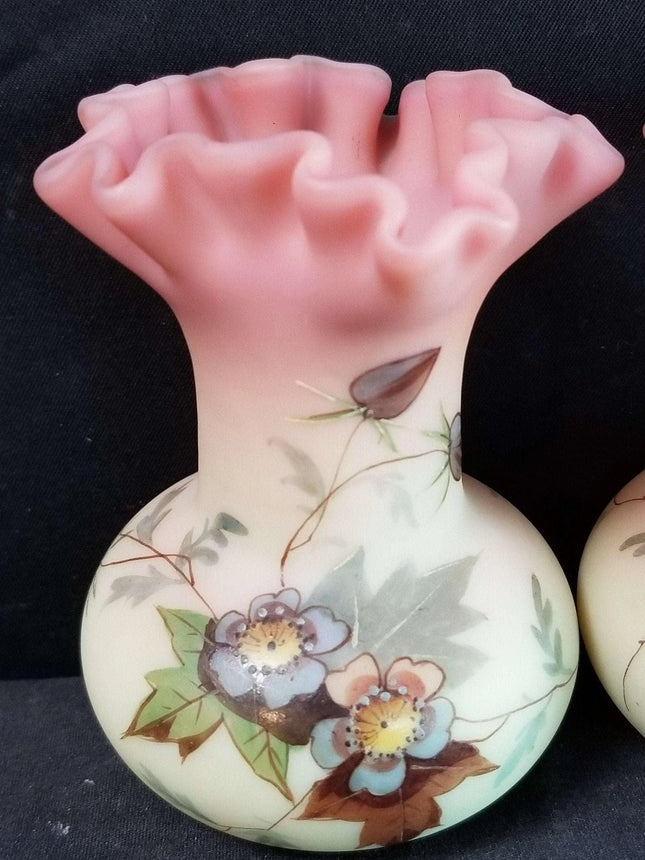 Thomas Webb Burmese Vases Enameled Pair C.1890 Ruffled rims - Estate Fresh Austin