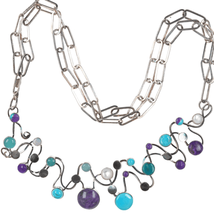 Veronica Poblano Zuni Sterling Sugilite, Turquoise, opal, and shell Modernist necklace - Estate Fresh Austin