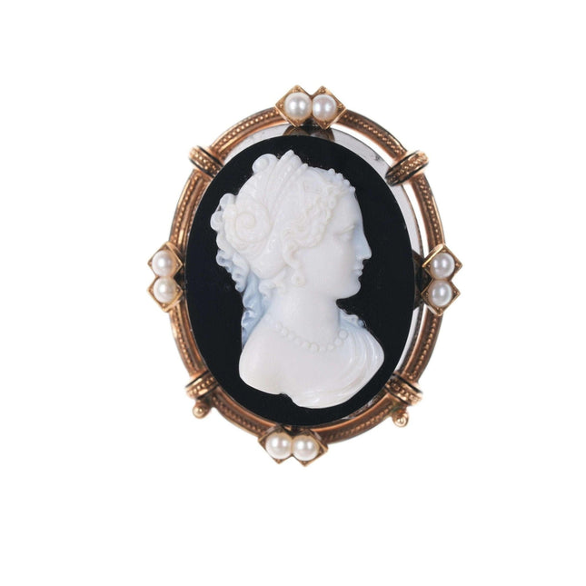 Victorian 14k rose gold/pearl mounted Hardstone cameo brooch pin - Estate Fresh Austin