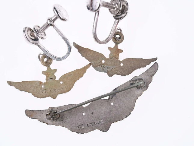 Vietnam War Era Sterling pilot wings sweetheart pin and screw back earrings - Estate Fresh Austin