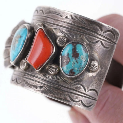 Vintage 7.25" Sterling turqoise/coral cuff bracelet - Estate Fresh Austin