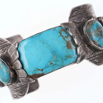 Vintage 7.25" Sterling turqoise/coral cuff bracelet - Estate Fresh Austin