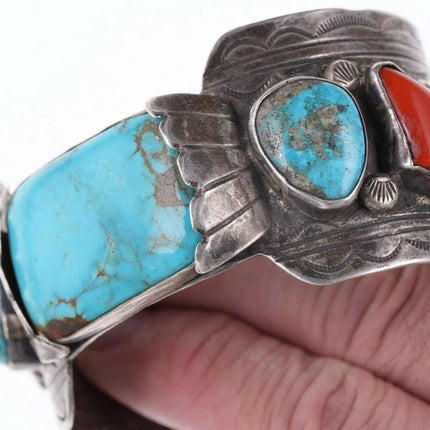 Vintage 7.25" Sterling turqoise/coral cuff bracelet - Estate Fresh Austin
