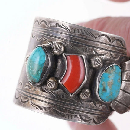 Vintage 7.25" Sterling turqoise/coral cuff bracelet - Estate Fresh Austin