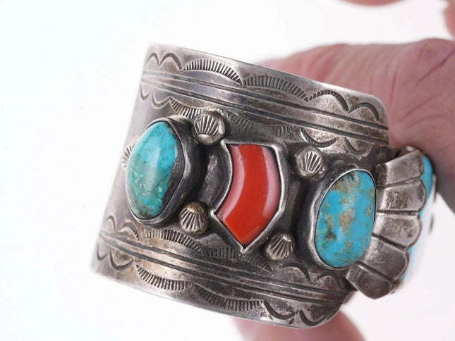Vintage 7.25" Sterling turqoise/coral cuff bracelet - Estate Fresh Austin