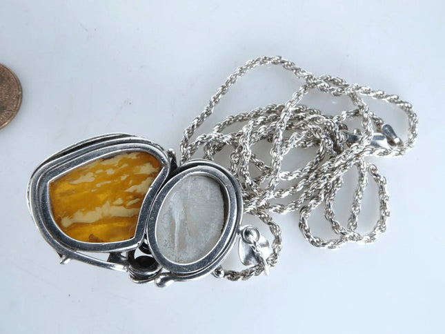 Vintage Amber and Mother of pearl Sterling Pendant/necklace - Estate Fresh Austin