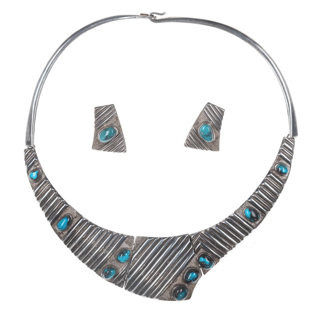 Vintage Bisbee Turquoise sterling Modernist Choker necklace earrings set - Estate Fresh Austin