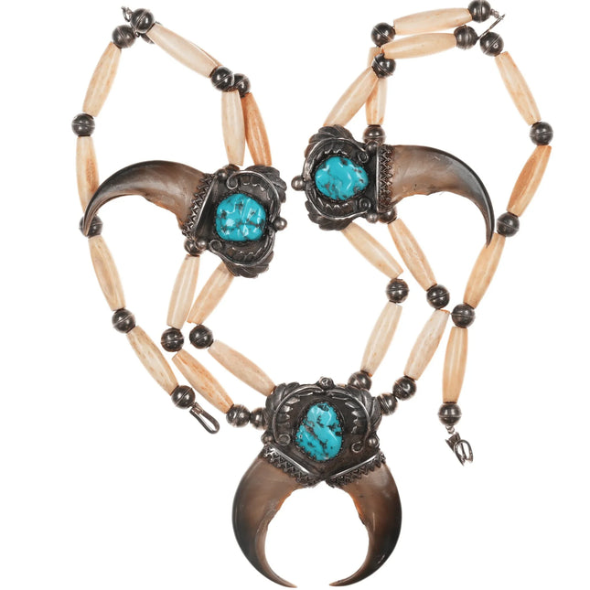 Vintage Bone and Faux Claw Sterling necklace with turquoise - Estate Fresh Austin