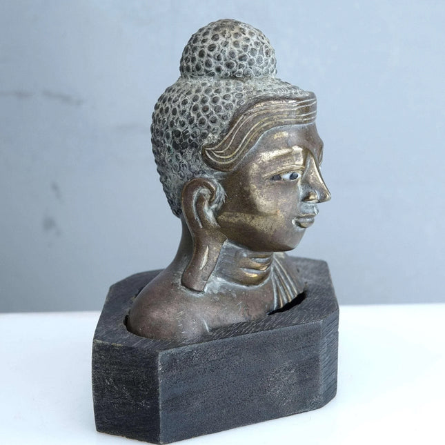 Vintage Burmese Bronze Buddha Bust with glass eyes - Estate Fresh Austin
