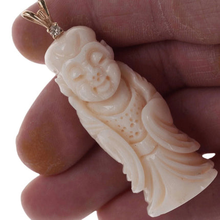 Vintage Chinese 14k Diamond/Carved Coral Budhha pendant. - Estate Fresh Austin