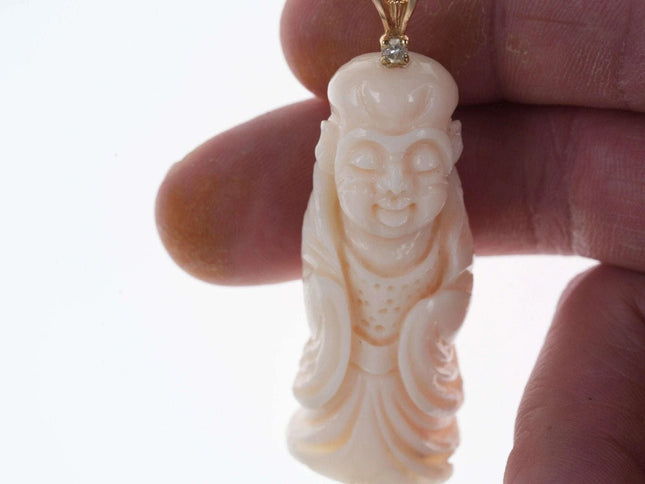 Vintage Chinese 14k Diamond/Carved Coral Budhha pendant. - Estate Fresh Austin