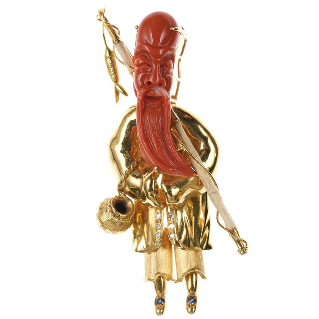 Vintage Chinese 14k gold, Coral, Diamond, and Saphire Fisherman pendant/pin - Estate Fresh Austin