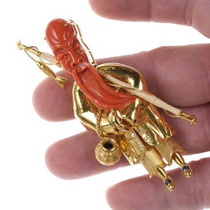 Vintage Chinese 14k gold, Coral, Diamond, and Saphire Fisherman pendant/pin - Estate Fresh Austin