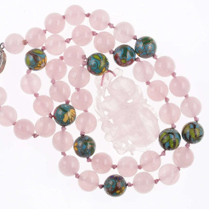 Vintage Chinese Cloisonne/Rose Quartz Necklace hand tied with silver clasp - Estate Fresh Austin