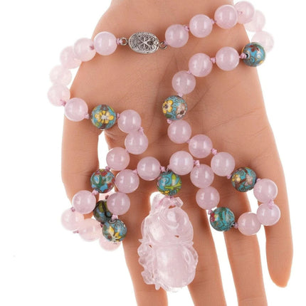Vintage Chinese Cloisonne/Rose Quartz Necklace hand tied with silver clasp - Estate Fresh Austin