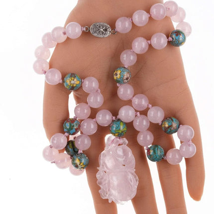 Vintage Chinese Cloisonne/Rose Quartz Necklace hand tied with silver clasp - Estate Fresh Austin