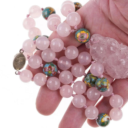 Vintage Chinese Cloisonne/Rose Quartz Necklace hand tied with silver clasp - Estate Fresh Austin