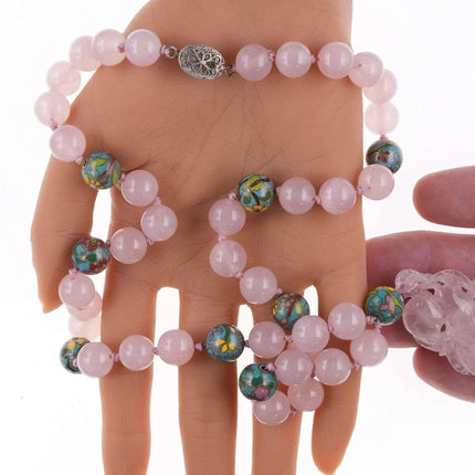 Vintage Chinese Cloisonne/Rose Quartz Necklace hand tied with silver clasp - Estate Fresh Austin