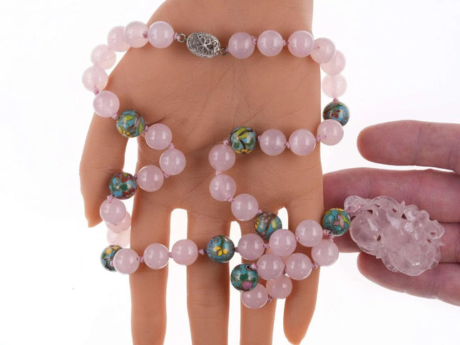 Vintage Chinese Cloisonne/Rose Quartz Necklace hand tied with silver clasp - Estate Fresh Austin