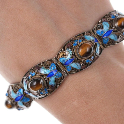 Vintage Chinese gilt filigree silver enamel cats eye bracelet - Estate Fresh Austin