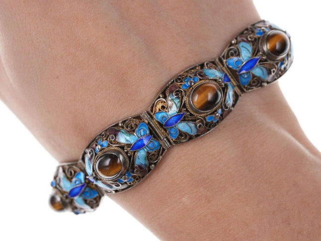 Vintage Chinese gilt filigree silver enamel cats eye bracelet - Estate Fresh Austin