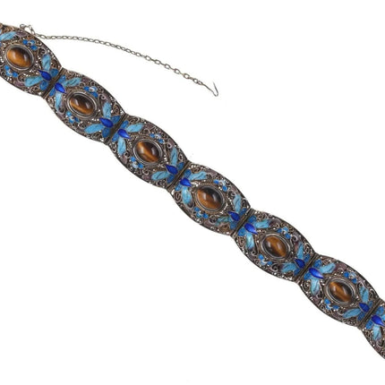 Vintage Chinese gilt filigree silver enamel cats eye bracelet - Estate Fresh Austin