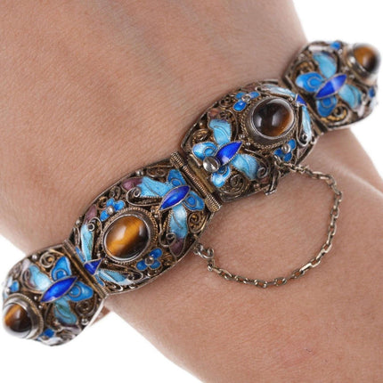 Vintage Chinese gilt filigree silver enamel cats eye bracelet - Estate Fresh Austin