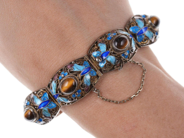 Vintage Chinese gilt filigree silver enamel cats eye bracelet - Estate Fresh Austin