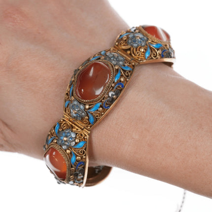 Vintage Chinese gilt silver enamel carnelian bracelet - Estate Fresh Austin