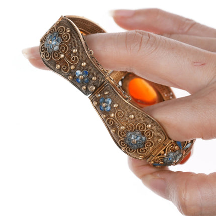 Vintage Chinese gilt silver enamel carnelian bracelet - Estate Fresh Austin