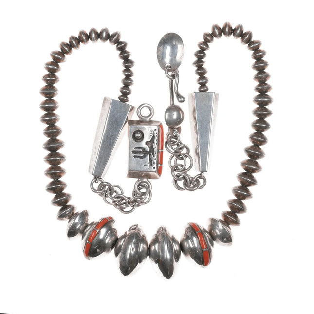 Vintage Coral Inlaid Native American silver graduated Navajo Pearls - Estate Fresh Austin