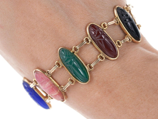 Vintage Egyptian Revival Gold Filled Scarab Bracelet with Semiprecious stones w - Estate Fresh Austin