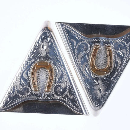 Vintage Engraved Sterling Collar tips with horseshoe accents - Estate Fresh Austin