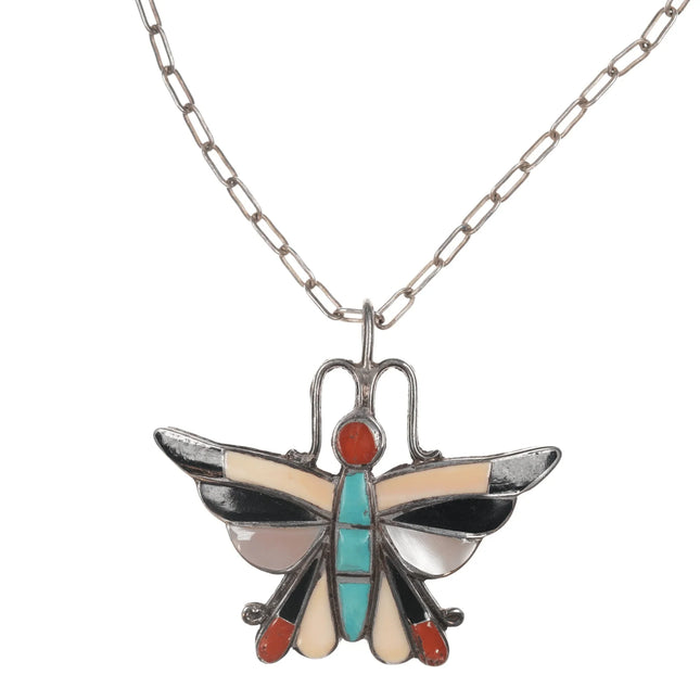 Vintage Esalio Zuni Sterling multi-stone inlay butterfly pendant - Estate Fresh Austin