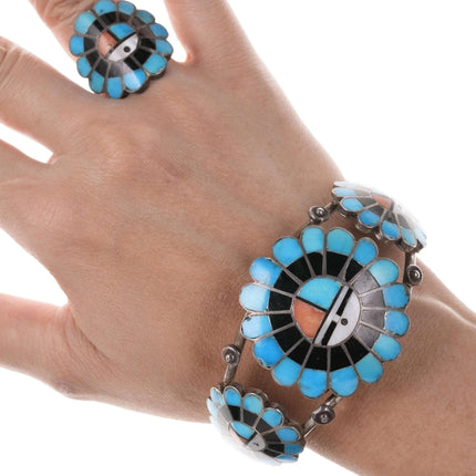 Vintage Eustace Zuni Sunface multi-stone inlay ring and bracelet set - Estate Fresh Austin