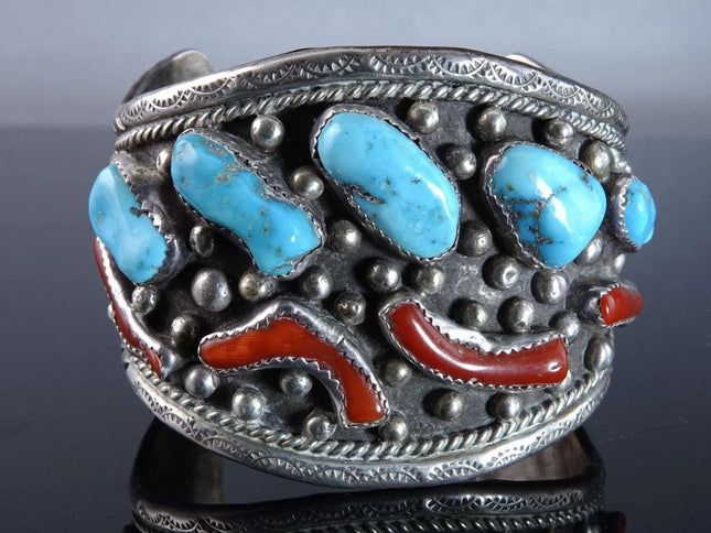 Vintage Foster Yazzie Navajo Sterling Turquoise, Coral Cuff Bracelet - Estate Fresh Austin