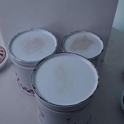 Vintage French Red and White Enamel Kitchen Canisters Cafe, Sucre, Chicoree circ - Estate Fresh Austin