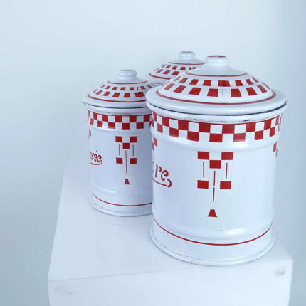 Vintage French Red and White Enamel Kitchen Canisters Cafe, Sucre, Chicoree circ - Estate Fresh Austin