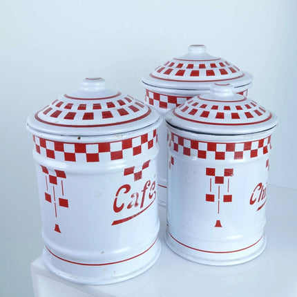 Vintage French Red and White Enamel Kitchen Canisters Cafe, Sucre, Chicoree circ - Estate Fresh Austin