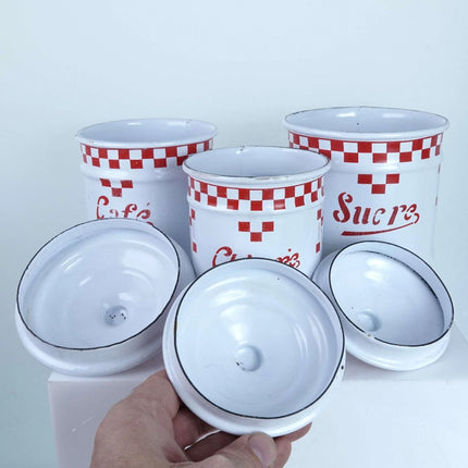 Vintage French Red and White Enamel Kitchen Canisters Cafe, Sucre, Chicoree circ - Estate Fresh Austin