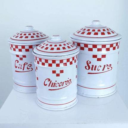 Vintage French Red and White Enamel Kitchen Canisters Cafe, Sucre, Chicoree circ - Estate Fresh Austin