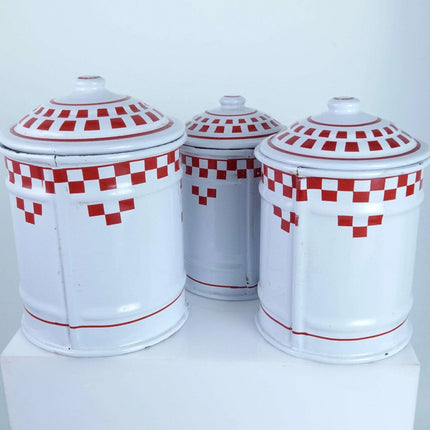 Vintage French Red and White Enamel Kitchen Canisters Cafe, Sucre, Chicoree circ - Estate Fresh Austin